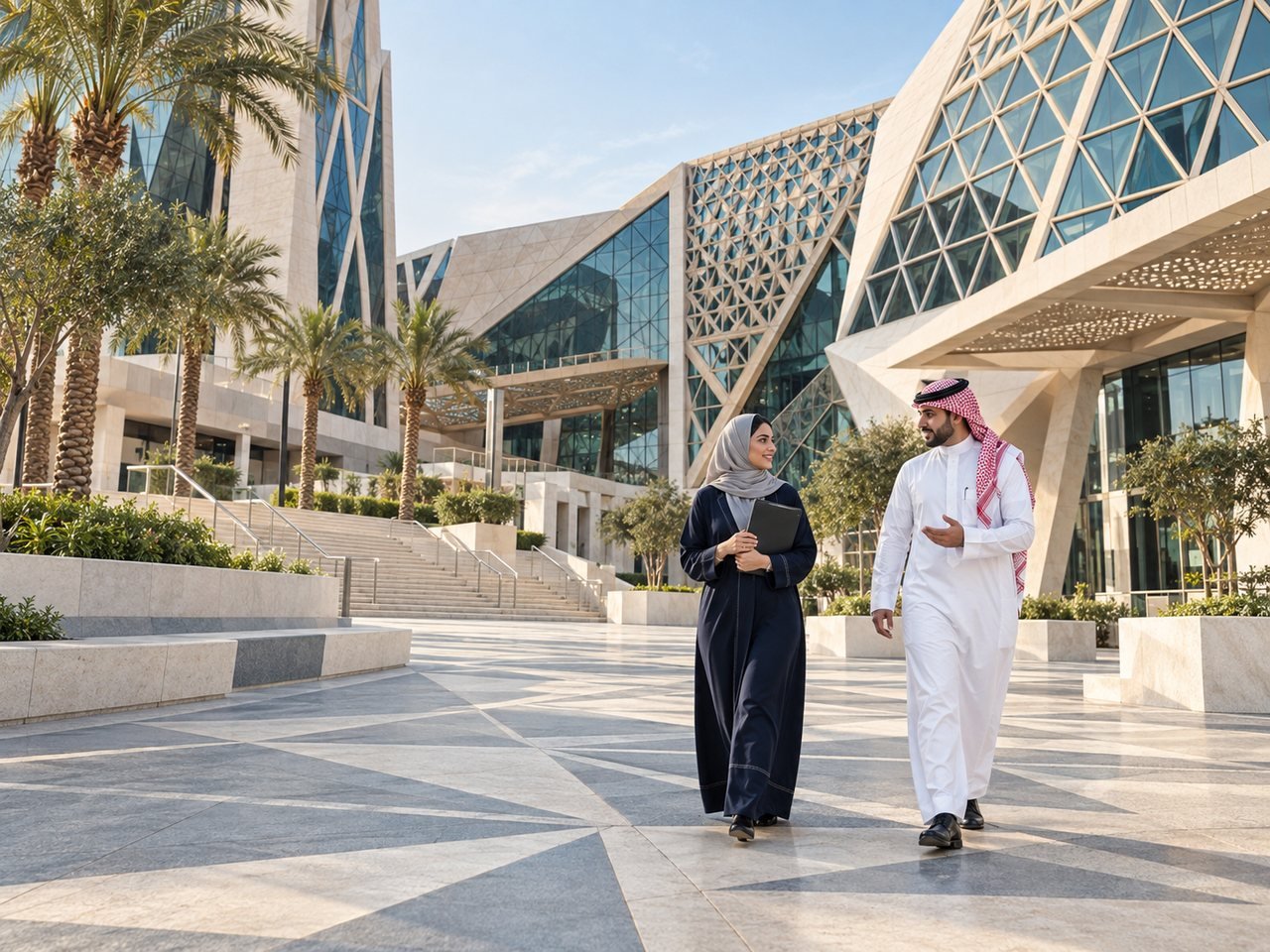 عمارة سعودية معاصرة في مشهد توضيحي مولّد لبيئة الأعمال